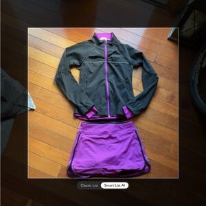 Athleta Black and Purple Utility Jacket and skort.